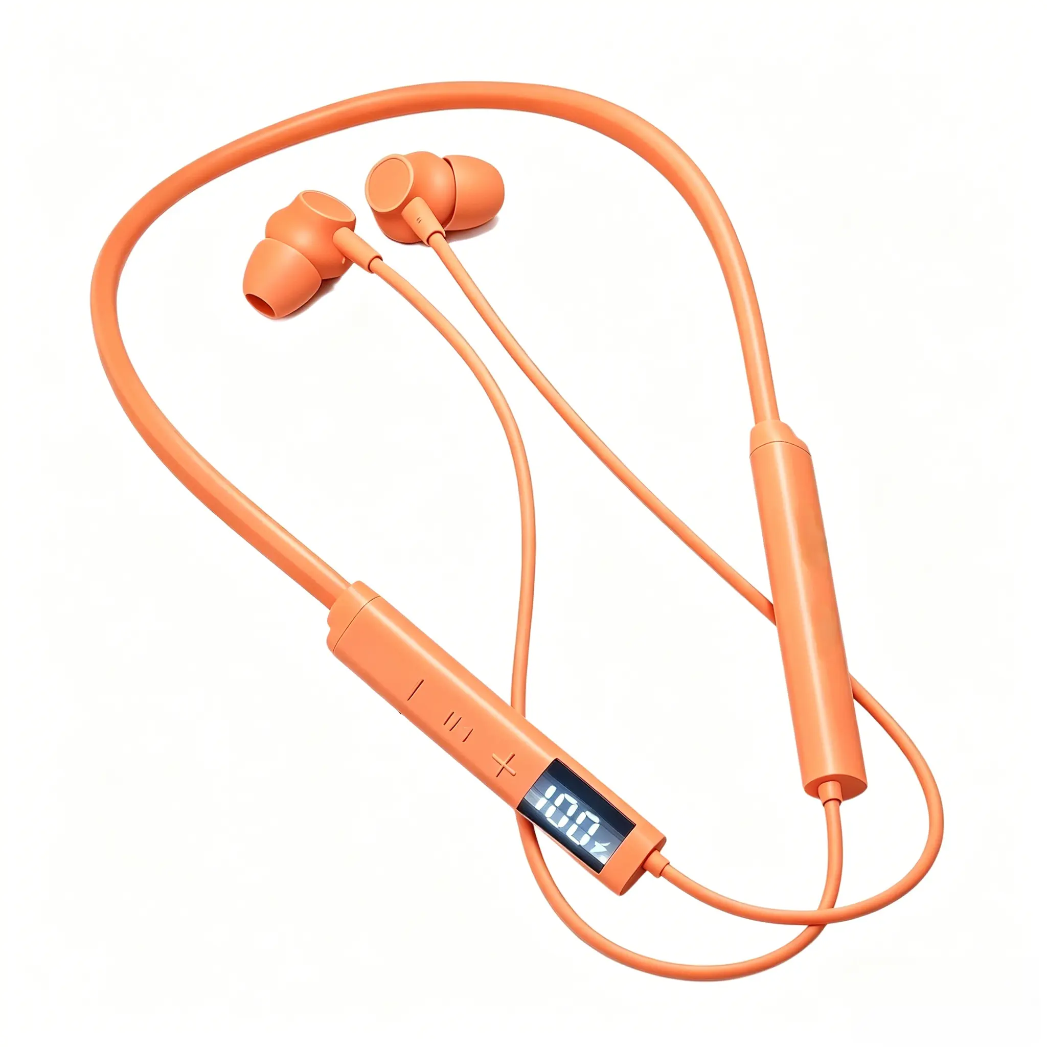 Wireless Earbuds Bluetooth Neckband Headphones, Orange Hi-Vis Work Headset with Dual Connection, LED Display 48H Battery Magnetic Earbuds for Warehouse Gym Office, IPX5 Waterproof with Mic