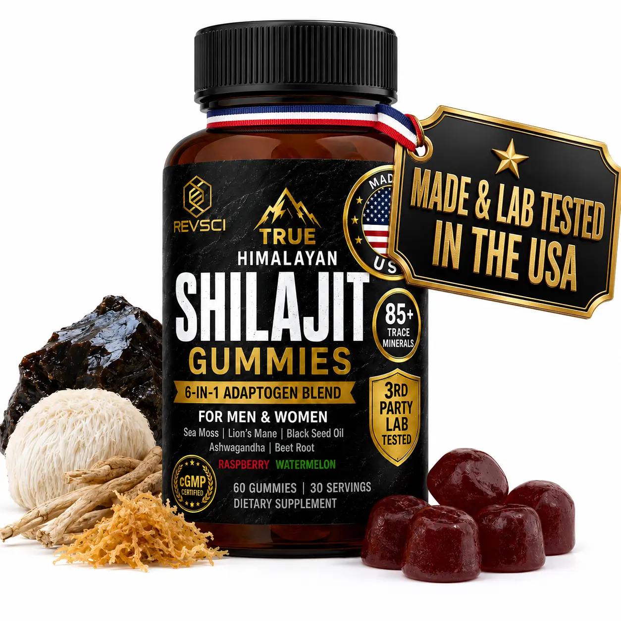 TRUE Himalayan Shilajit Gummies for Men and Women | 6 in 1 Blend with Ashwagandha, Sea Moss, Lions Mane, Black Seed | 85+ Trace Minerals and Fulvic Acid | Energy, Stamina and Focus Support | Vegan, Made in USA | Raspberry Watermelon, 60 Count Chewable Die