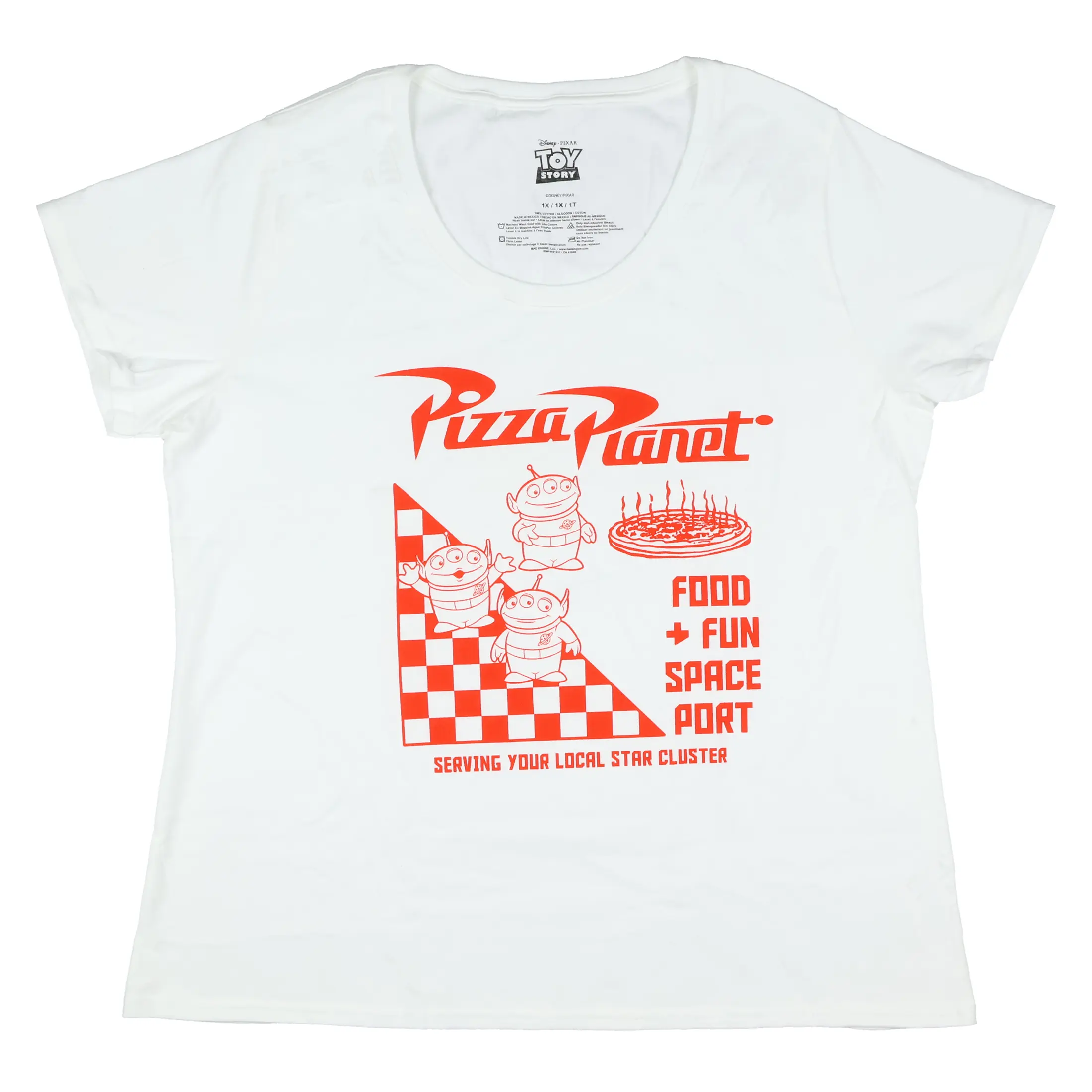 Women's Plus Size Disney Toy Story Alien Pizza Planet Graphic Top - Breathable Short-Sleeve Fit Piece, Fun Space Food Themed Adult Shirt, Shortsleeve, Cotton, Soft, Casual, Comfortable, Everyday, Tshirt, Print, Round Neck, Funny, Streetwear
