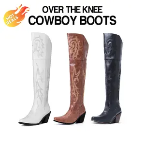 CYNLLIO Cowboy Boots Women Square Toe Chunky Block High Heel Chic Embroidered Tall Western Boots Zipper Closure Over the Knee Cowgirl Dance Boots