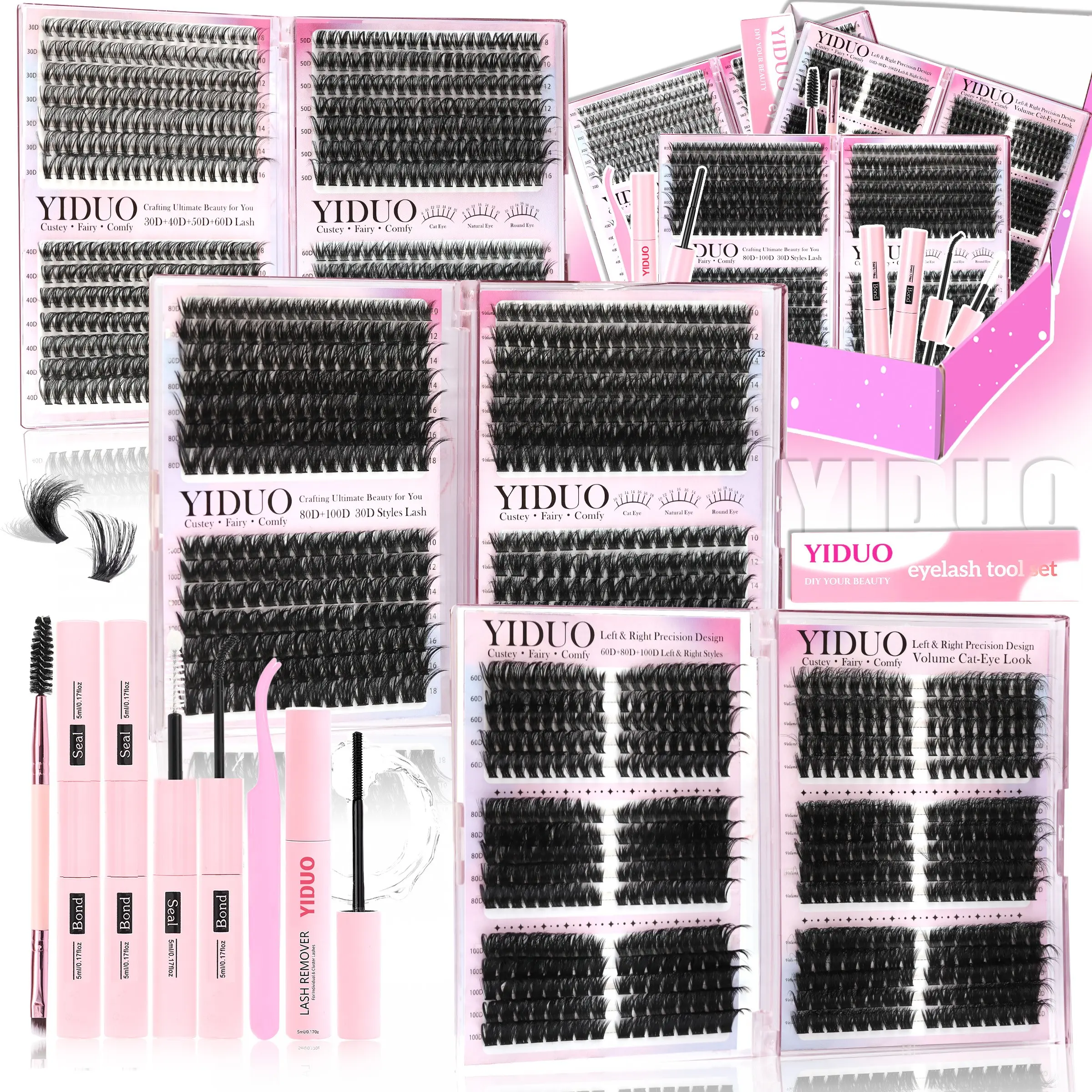 YIDUO 1548 Pieces Eyelash Cluster Extension Kit, 30D-100D + 3D Effect, 8-18mm D-Curl, Includes Lash Adhesive, Sealer (x2), Remover, Tweezers & Brush, for Easy DIY at Home