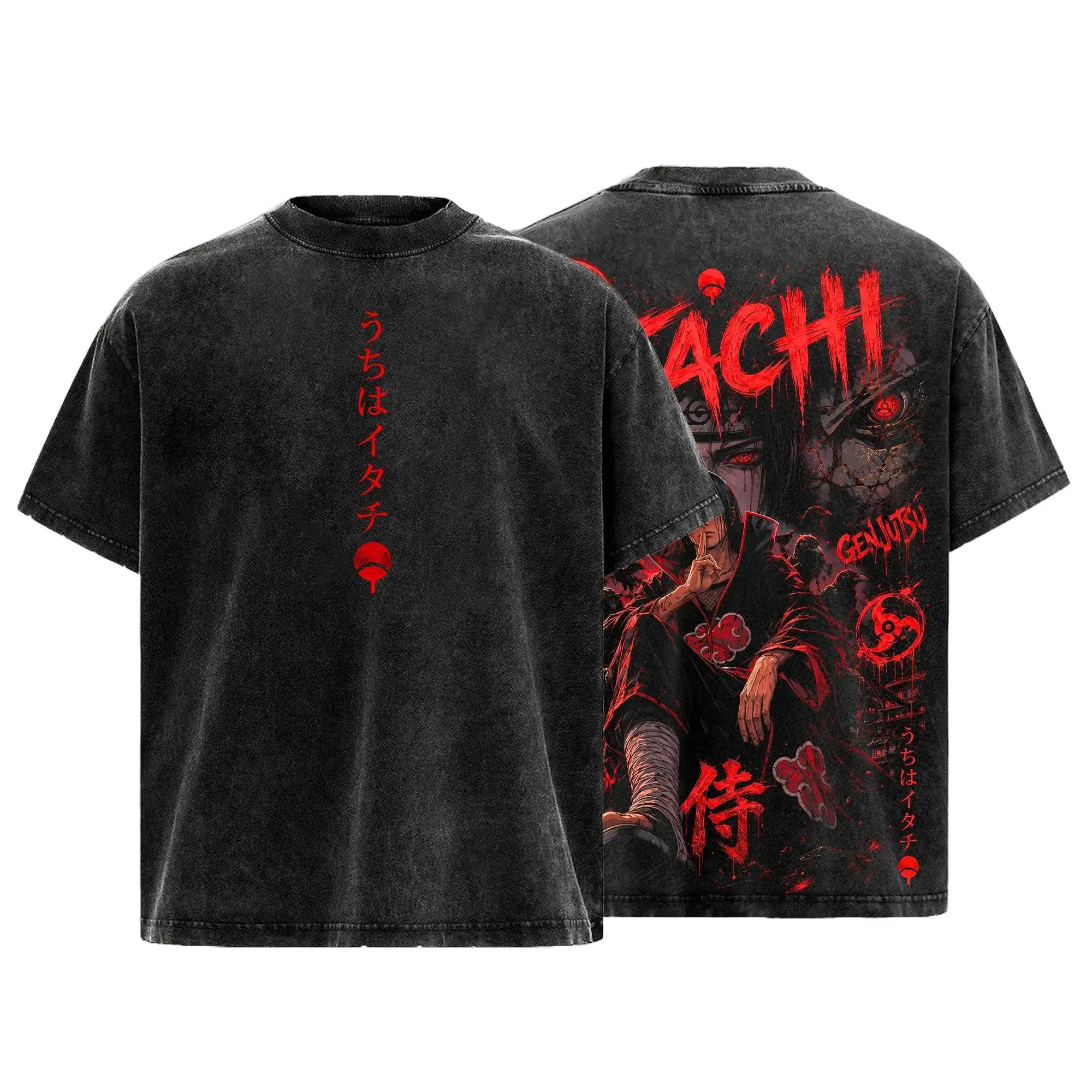 Uchiha Clan Red Eye Illusion Shinobi Vintage Washed Oversized Graphic Tee, Dark Crow Warrior Heavy Cotton Anime Inspired Streetwear Shirt