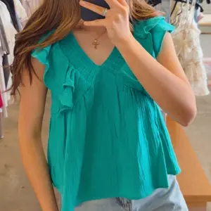 Smocked Ruffle Sleeve Detailed Top Green