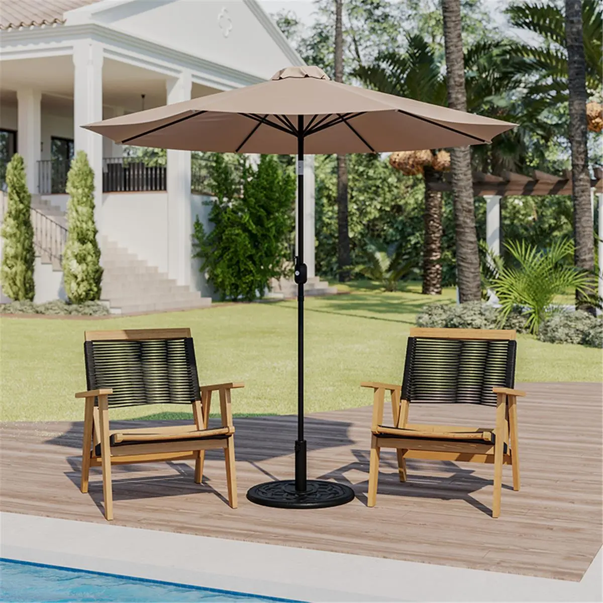 212 MAIN 9 ft. Round Waterproof Polyester Large Outdoor Sun Blocking Protective UV Filtering Adjustable Canopy Umbrella - 1.5 in. Solid Aluminum Pole, 8-Rib Design, Crank & Tilt Function, Quick Setup, Tan, Sun Blocking Umbrellas, Adjustable Canopy Umbrell