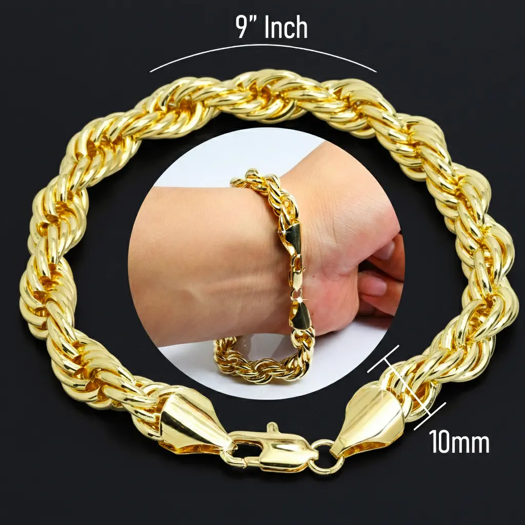 Men's Premium Quality High-End Gold Finished Brass 14K Stamped 10mm 9" Bracelet Fashion Thick Rope Chain Jewelry Accessory