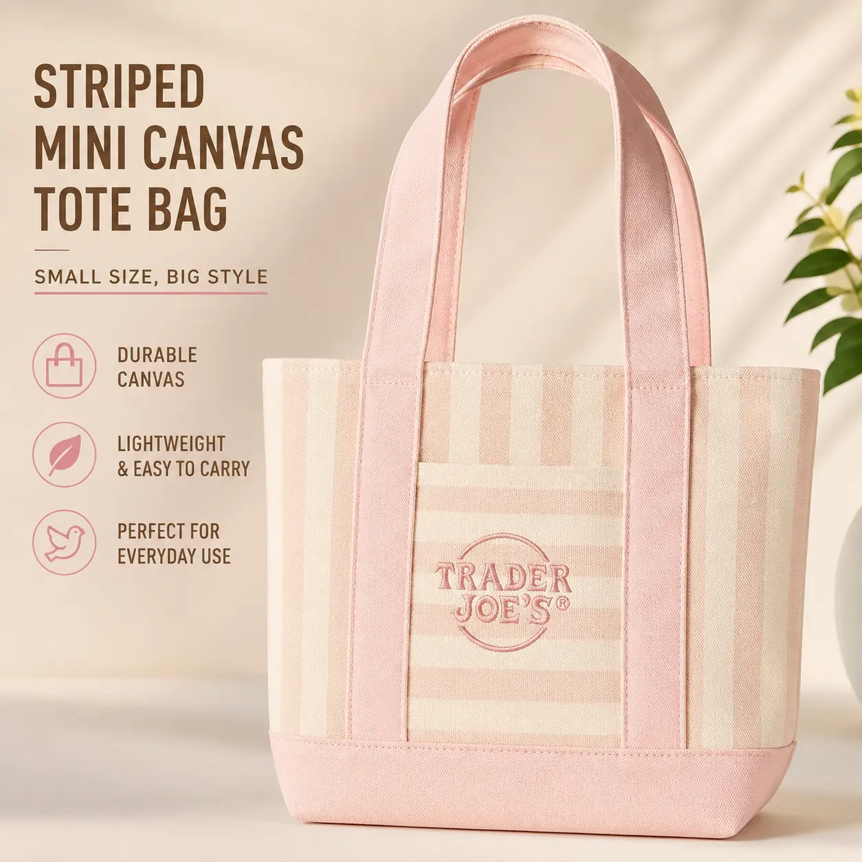 Trader Joe's Mini Pastel Striped Canvas Tote Bag - Reusable Grocery Bag with Front Pocket, Lightweight Women's Tote for Lunch Travel