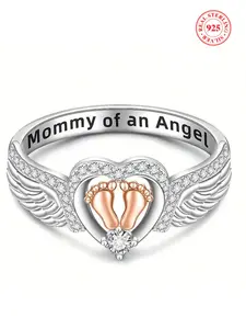 S925 Sterling Silver Angel Wing & Heart Design Artificial Zircon Ring, Heart Cluster Ring, Rhinestone Decor Heart Shaped Rings for Women, Trendy All-match & Exquisite Jewelry for Birthday Gift, Engraved Ring