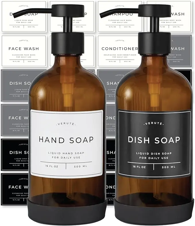 Verute 16oz Glass Soap Dispenser with Stainless Steel Pump, 21 Waterproof Labels, Non-Slip Protective Silicone Pad, Set of 2 for Bathroom & Kitchen (Amber Bottle/Black Pump)