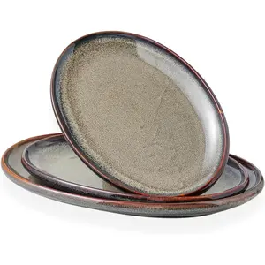 Ceramic Large Serving Platters- Set of 3 Oval Platters for Entertaining. Modern Kitchen Dishes for Dinner, Fruit, Salad, Turkey, etc. Oven, Dishwasher Safe, 15.75" / 13.75" /12",Caramel Brown