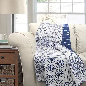 Lush Decor Monique Reversible Cotton Throw Blanket Single 50"W x 60"L Blue - Cotton Blankets for Bed - Blue Couch Blanket - Throws - Coastal Decor