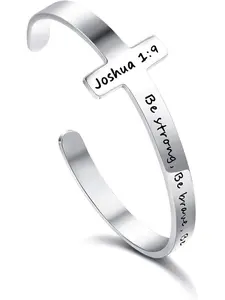 1Pc Stainless Steel Religious Bracelet for Women, Inspirational Cross Cuff Bracelet, Bible Verse Scripture Bangle, Christian Jewelry Gift for Women