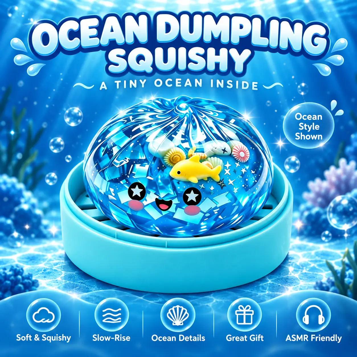 Soft Unisex Dumpling Squishies Stress Relief Toy - Transparent Fish & Seashell Squeeze Ball with Display Base, Kawaii Steamed Bao Bun ASMR Sensory Fidgets, Kids Squishy Teen Girls Gifts Collectible