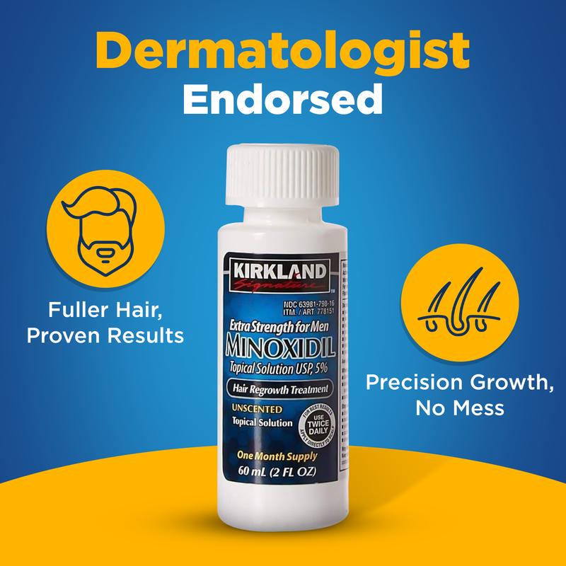 Kirkland Signature Minoxidil 5% Liquid Extra Strength Hair Loss Regrowth Treatment for Men USP Topical Solution with Dropper Included Peppermint Castor Blend Rosemary Biotin Haircare