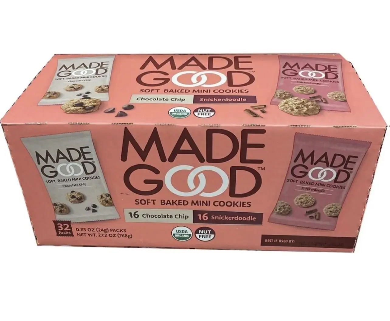 MadeGood Soft Baked Mini Cookies - 32 Packs, 16 Chocolate Chip & 16 Snickerdoodle, Vegan, Gluten-Free, USDA Organic, Nut-Free, Non-GMO, Allergy-Friendly Snacks