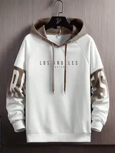 Men's Patchwork Letter Print Raglan Sleeve Hoodie, Casual Regular Fit Drawstring Hooded Sweatshirt for Spring & Fall, Fashion Men's Clothes for Daily Wear, Graphic Team Hoodie