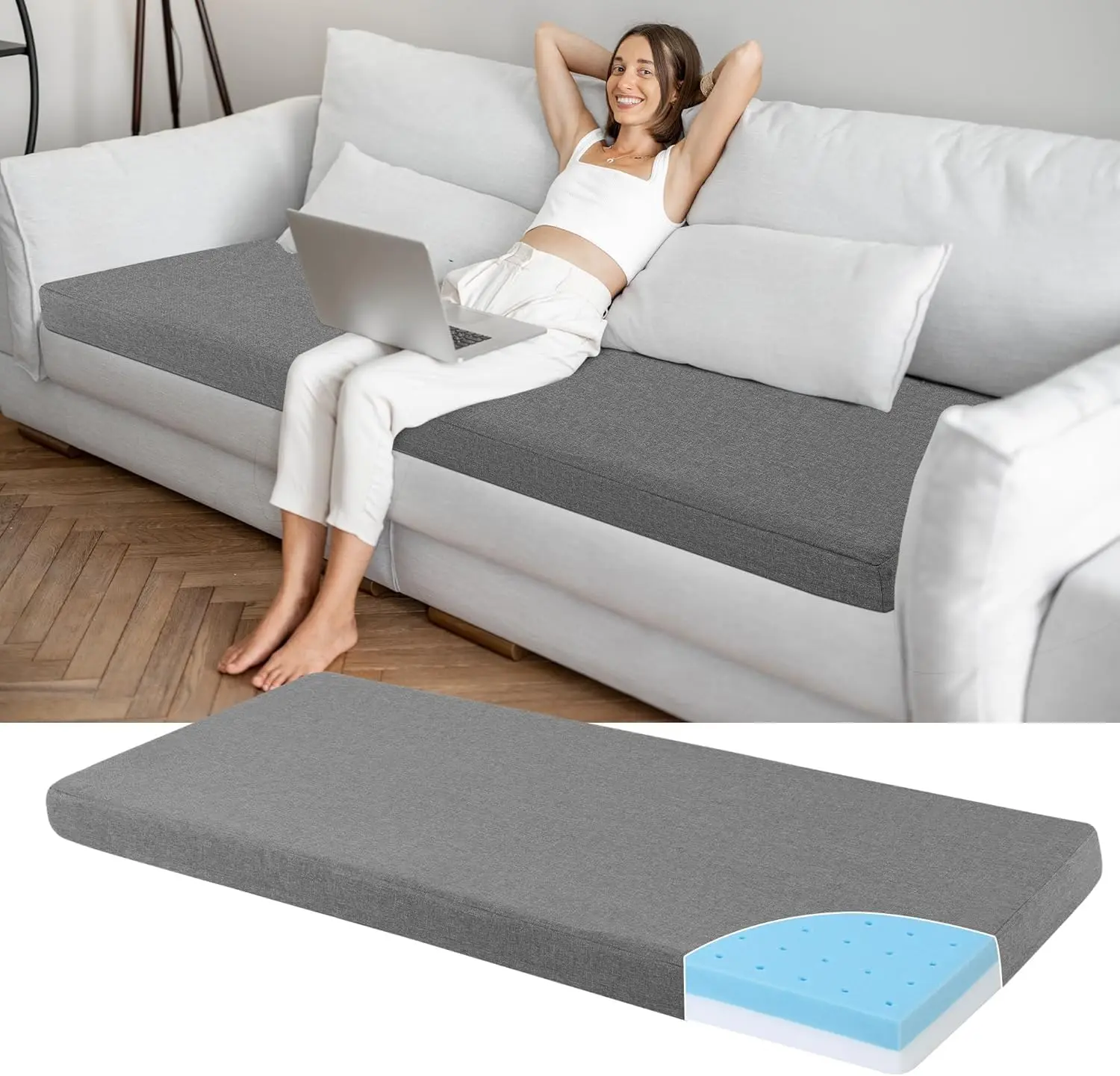 HOMBYS 3 Inch Memory Foam Sofa Topper Pad, 82" L x 27" W Inch Couch Topper Cushion with Washable Cover for Sofa, Couch Cover Pad with Non Slip Bottom