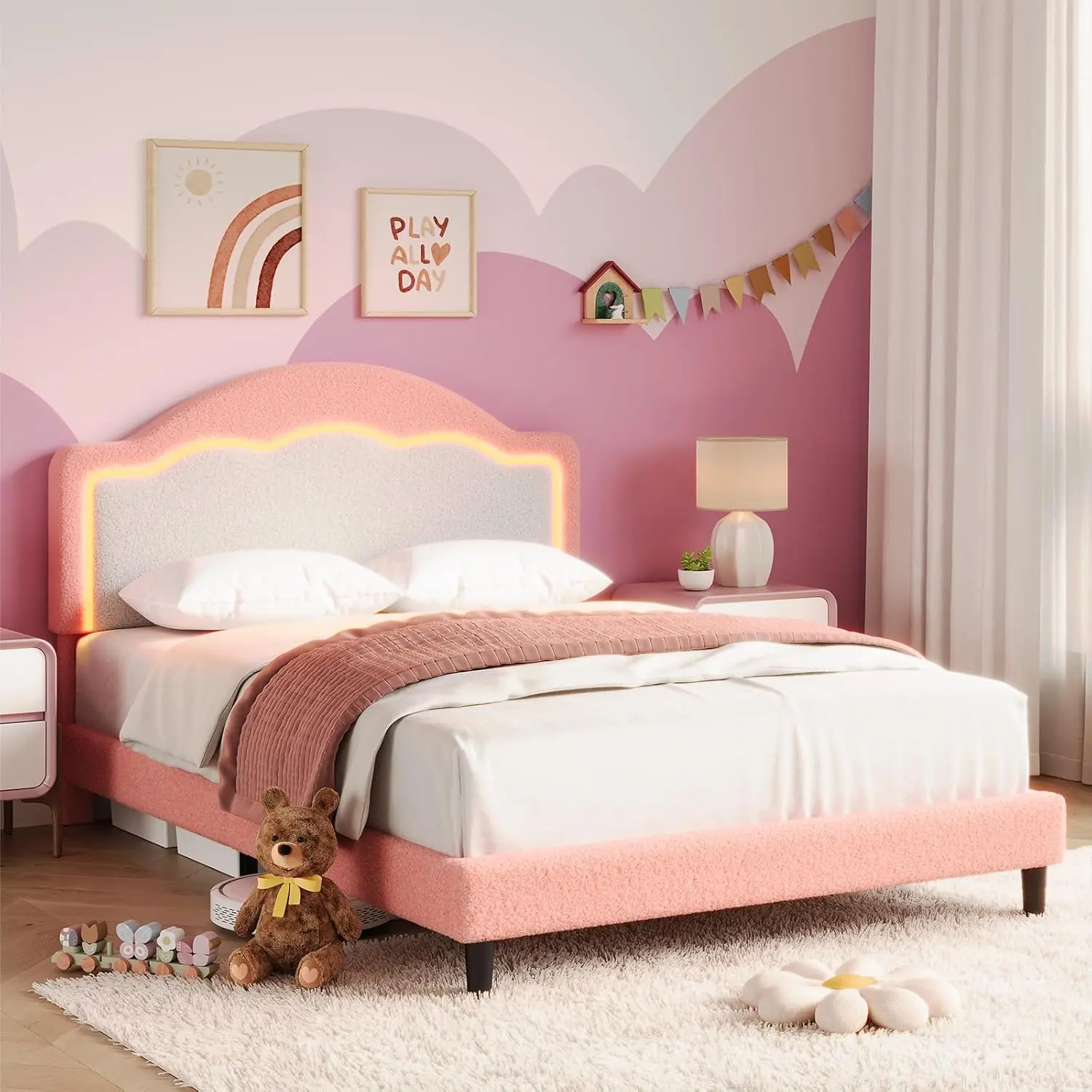 Twin Size Bed Frame with LED Headboard for Kids, Sherpa Upholstered Platform Bed Frame with Wood Slat Support, No Box Spring Required, Easy to Assemble (Pink, Twin)