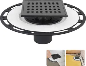 Square Shower Drain, 6-Inch Matte Black Kit with Bonding Flange, Removable Stainless Steel Grate, Drain Key & Hair Strainer, Fits 2" & 3" Pipes for Tiled Floors