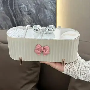 Cute Bow-knot Design Cream Makeup Organizer, 3-grid Divided Compartments Dustproof Storage Box for Swabs, Powder Puffs & Cosmetics, Multifunctional Plastic Storage Bin, Durable Storage Organizer, Cosmetic Storage Organizer, Beauty Organizer