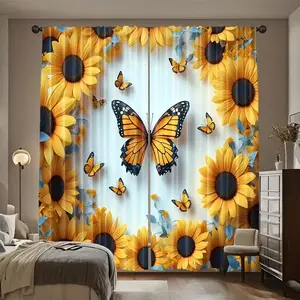 Abstract Butterfly Art Curtains Set of 2, Sunflower Butterfly Design, Durable Polyester Fabric, Perfect for Holiday Decorations