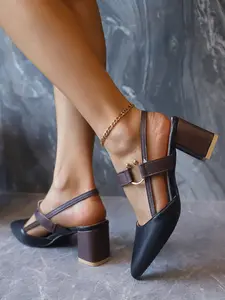 Women's Brown Buckle Block Heel Slingback Pumps, Vintage Office-Chic Style, Pointed Toe Work Shoes，Brown Slingback Pumps, Metal Buckle Block Heels, Vintage Office Work Shoes