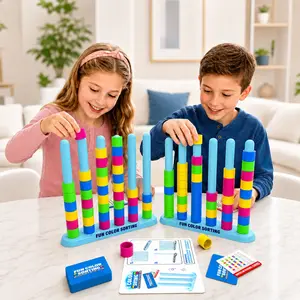 Color Stack Challenge Game for Kids Ages 6+, Stem Color Sorting Puzzle, 50 Double-Sided Cards, 2/1 Stacking Trays, Family Party Board Game