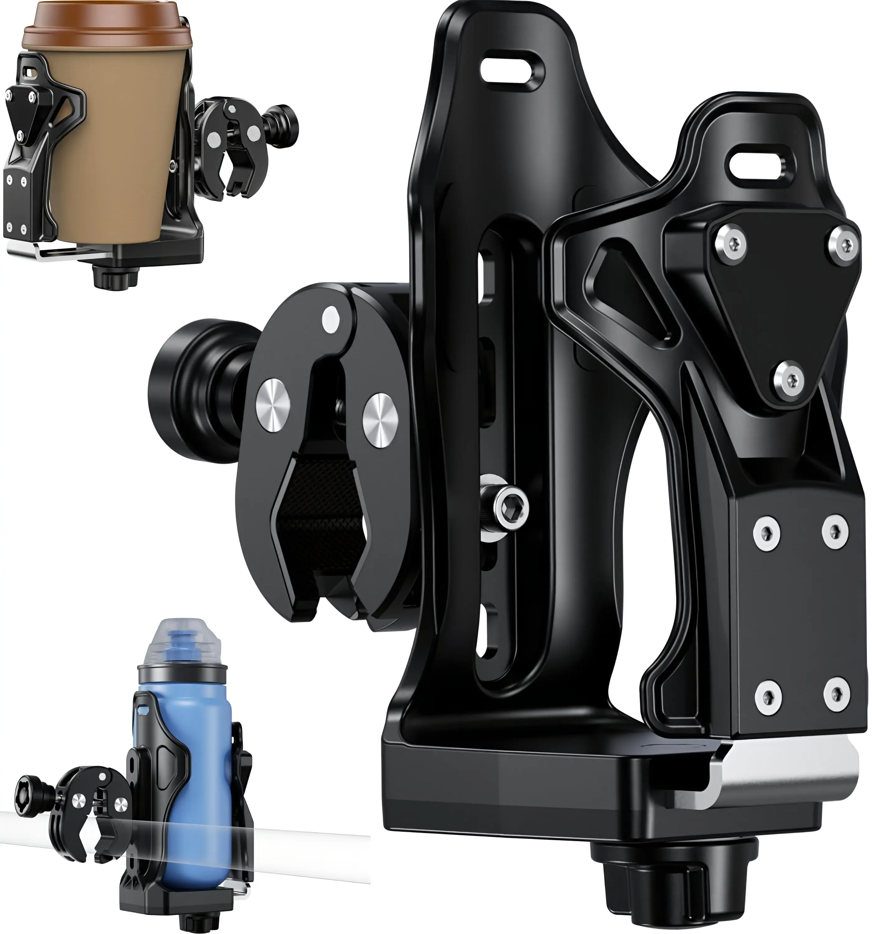 Enhanced Edition Anti-Theft Extra Large Adjustable Motorcycle Cup Holder, Motorbike Accessory with Stable Grip Metal Clamp, Fits 1.95-3.6" Diameter Bottles, Universal Secure Attachment for Scooters