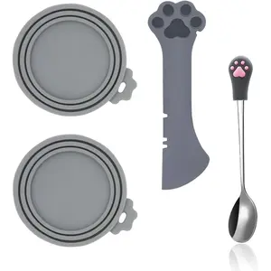 4Pcs Cat Food Can Spoons & Can Lids Kit, Multi-Function Can Opener, Silicone Pet Food Can Covers, Stainless Steel Wet Food Spoon for Cats and Dogs