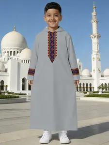 punch monkey Boys Traditional Thobe, Hooded with Colorful Diamond Ethnic Embroidery on Grey Base
