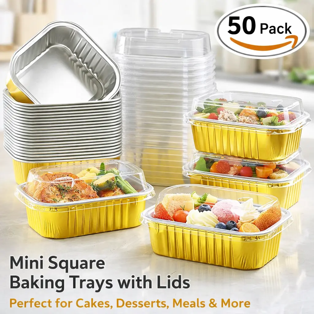 50pcs 5oz Disposable Aluminum Foil Mini Square Baking Cups with Lids, Oven-Microwave Safe Kitchen Bakeware, No Lids That Don't Fit, Ideal for Desserts-Cupcakes-Muffins, Weddings-Parties, Mid-Year Sale Restock