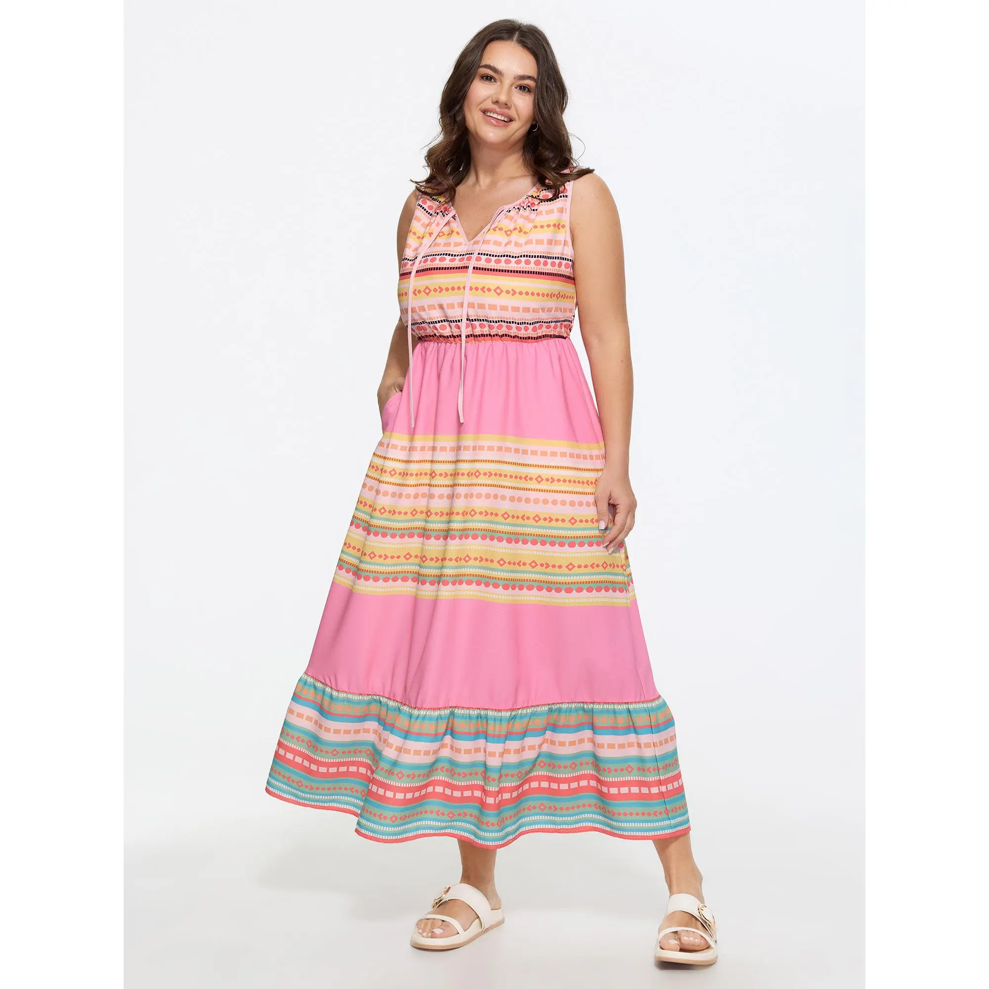 BloomChic Plus Size Multicolor Ethnic Floral Maxi Dress - Tiered Polyester Fabric with a Comfortable Fit and Lace-Up Neckline, Casual, Cold Wash, Pull On, Sleeveless, Wash With Like Colors, Bohemian, Low Iron, Plus Size Casual Dresses, Smooth, Garment