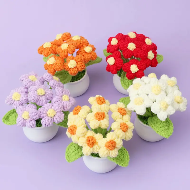Hand-woven puff flower potted plant home ornament knitted simulated flower wool crocheted bouquet gift
