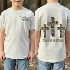 YOUTH Camo Cross Trio Short Sleeve Boys Shirt, He Is Risen Tee, Southern Boy Co Sweatshirt, Family Matching Outfits, Country Boys, Gift For Son, Toddler Boy Clothing Stuff, Local Boys Sweater