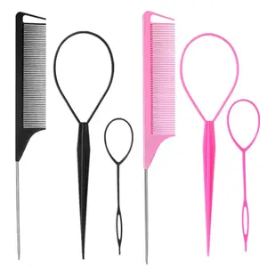 2pcs Styling Tool Set with Top Ponytail Tool, Stiff Bristle Grooming Brush, Edge Control Brush, and Metal Pointed Tail Comb for Salon Stylists, Women's Pointed Metal Parting Comb ( Black, Pink) Convenient Styling Tools
