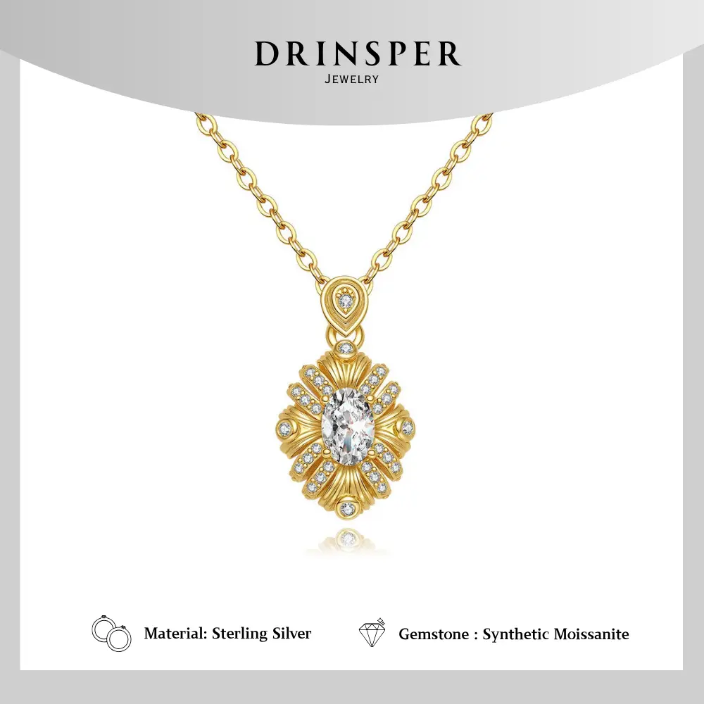 Drinsper Bauhinia S925 Sterling Silver Fashion Necklace with Exquisite Trendy Synthetic Moissanite Pendant, Vintage Baroque Royal Style, Silver Artificial Gemstone Necklaces & Pendants, Ideal Daily/Casual Jewellery Gift for Women