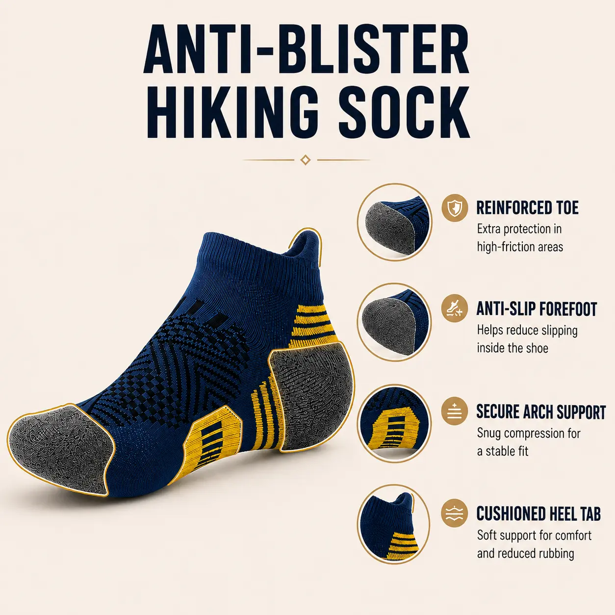 6 Pairs Unisex Anti-Blister Sports Socks, Thick Cushioned Heel & Toe Socks, Breathable No-Rub Outdoor Socks for Walking, Trekking, Gym & Work