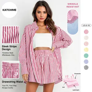 Katch Me Chic Women's Versatile Color Matching Striped Short Sleeve Shirt & Drawstring Waist Shorts Loungewear Co-ord, Lightweight Wrinkle-Resistant Loose Two Piece Sets, Skin-Friendly Daily Outfit