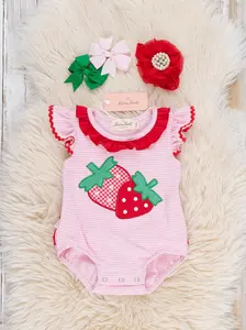 Strawberry Twins Striped Embroidered Cotton Ruffle Bubble Romper