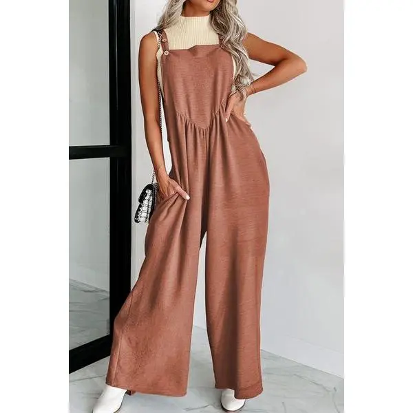 Waffle-knit Wide Leg Overall with Pockets