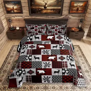 Cabin Bedding Set Soft for Boys Girls,Farmhouse Rustic Comforter Set Bear Deer Duvet Quilt Microfiber Country Lodge Bedroom Decor Red