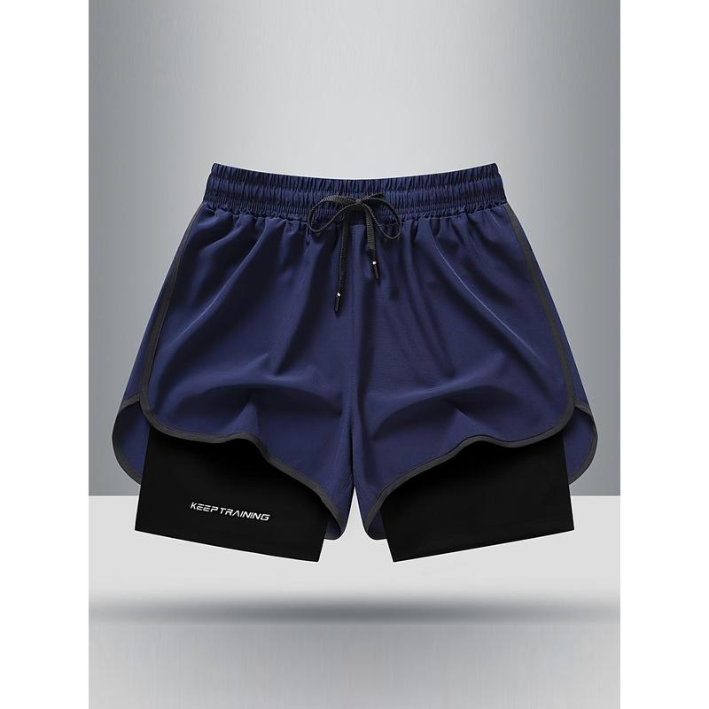 Male 5-In Synthetic 2-in-1 Running Shorts - Quick Dry, Breathable Polyester-Nylon, Adjustable Waist Drawstring, Water-Resistant, Fitted Regular Fit, Sporty Chic Slogan, for Gym Workouts, Cold Wash Compatible, Synthetics