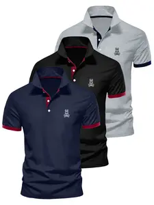 Men's Casual Short Sleeve Shirt Set, Geometric Pattern Polo Shirts, Fitted Golf Ball Clothing, Outdoor Sports Wear, Athletic Sports Clothing, Three-Piece Suit