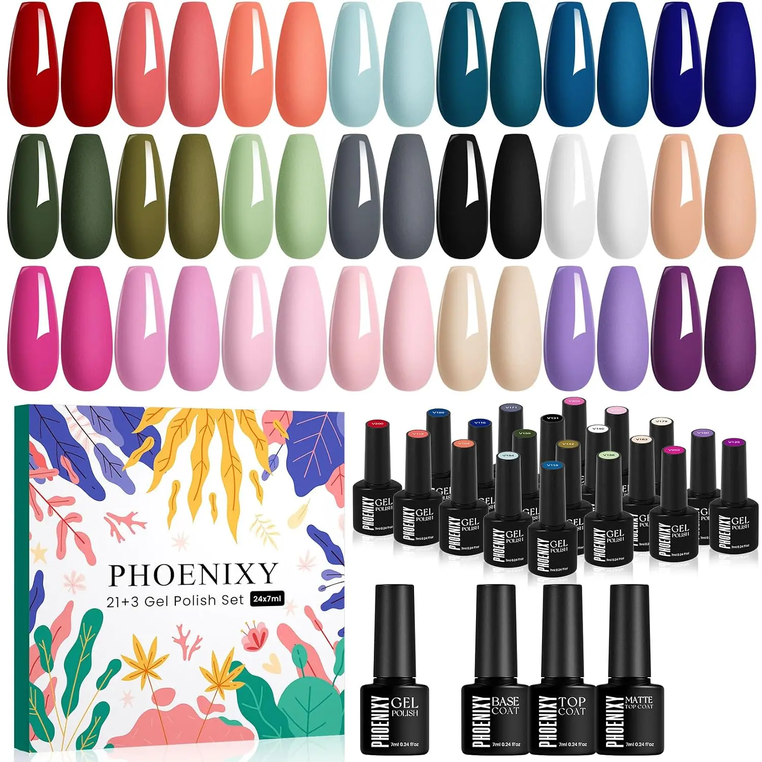 PHOENIXY 24 PCS Gel Nail Polish Set, 21 Colors U V Gel Nail Polish Kit with Base Glossy Matte Top Coat Black Gray Red Valentine Nail Kit Gifts for Women