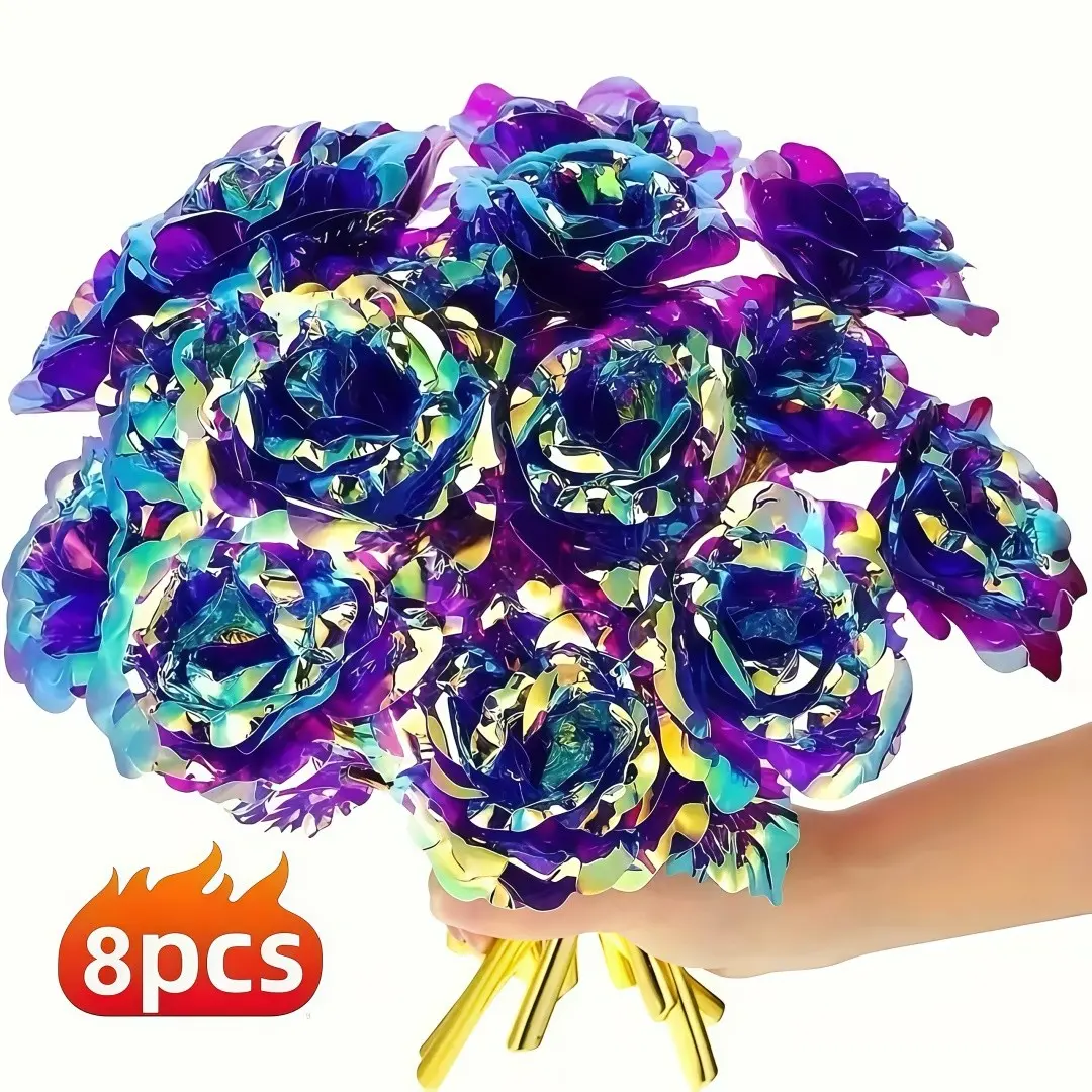 8 Pieces Eternal Rainbow Roses, Vivid Plastic Galaxy Flowers for Valentine's Day, Mother's Day, Birthdays, Multi-Functional Home Decor