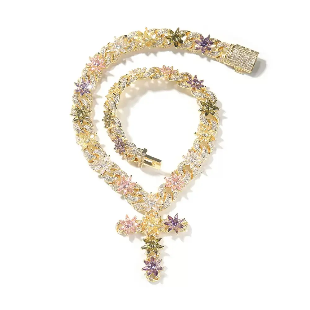 【FK】Colorful Iced Flower Cross Pendant Necklace for Men & Women, Cubic Zirconia Infinity Chain, Stylish Premium Jewelry