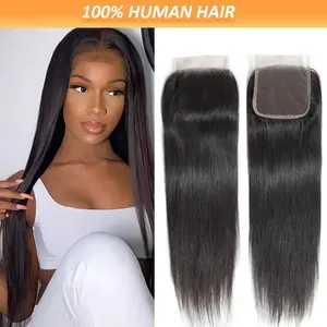 4x4 Straight Human Hair Closure Transparent HD Lace Pre Plucked with Baby Hair Natural Black Can Be Dyed & Bleached Soft Thick No Shedding Natural Hairline