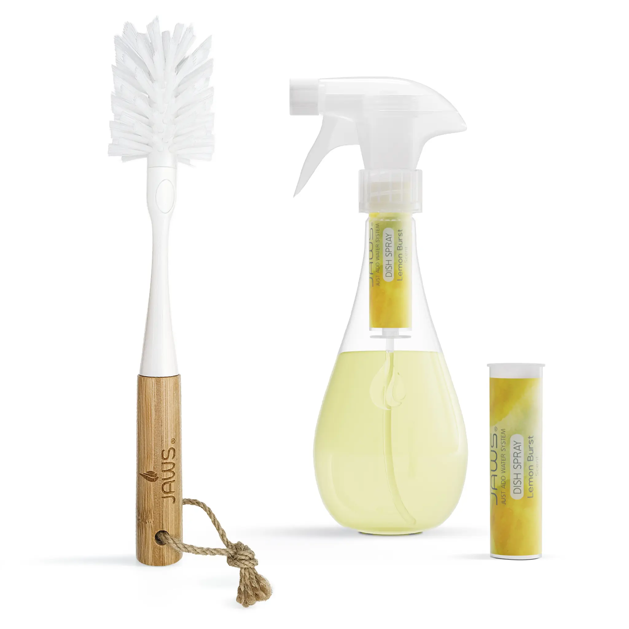 JAWS Dish Spray Cleaner Kit - 15 oz Refillable Bottle with 2 Lemon Scented Refills & Scrub Brush - Sparkling Dishes, Pots, Pans, Sinks & More - Efficient & Convenient Cleaning Solution