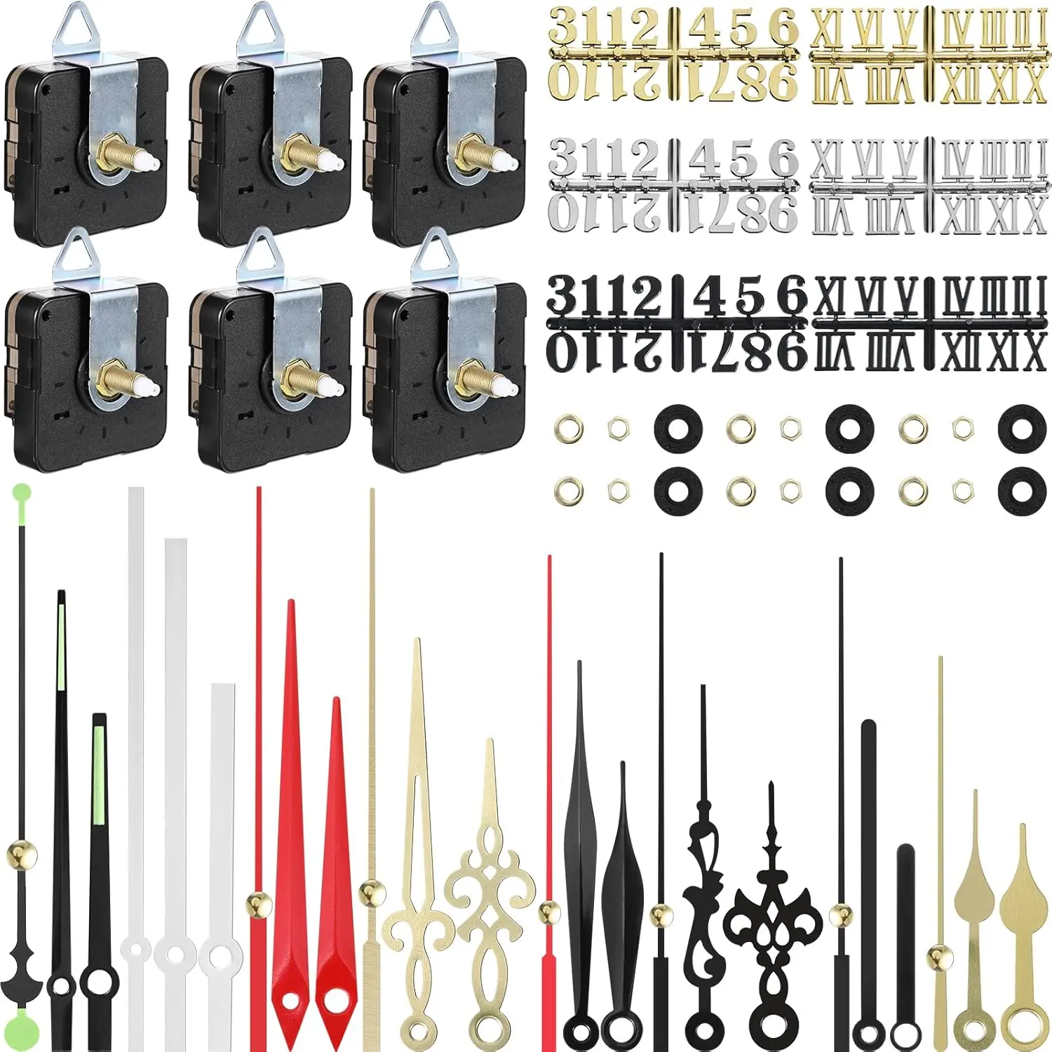 6 Pieces Quartz DIY Wall Clock, 6 Clock Numerals Kit, Movement Mechanism Battery Operated Clock Motor Kit with 8 Different Pairs of Hands for DIY Clock Repair