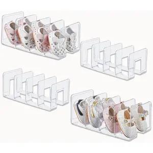 Clear Acrylic Kids Shoe Rack Closet Organizers and Storage | 4 Pack Small Shoe Rack 4 Sections Toddler Baby Shoe Storage Organizer Stackable Shoe Shelf, Desk File Sorter Book Purse Organizer