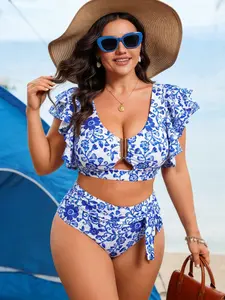 Plus Size Women's Two-Piece Swimsuit Set, Blue and Floral Digital Print, Ruffled Edges, Waist Tie, Metallic Accents, Flower Print Bikini